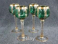 Vintage Moser Stemmed Wine Hock-Golblets-Emerald Green-24K Trim Set of 4