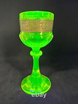 Vintage Moser Wine Goblet In Uranium Vaseline Karlsbad Glass-Gold Frieze Band