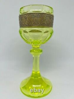 Vintage Moser Wine Goblet In Uranium Vaseline Karlsbad Glass-Gold Frieze Band