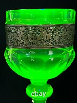 Vintage Moser Wine Goblet In Uranium Vaseline Karlsbad Glass-Gold Frieze Band