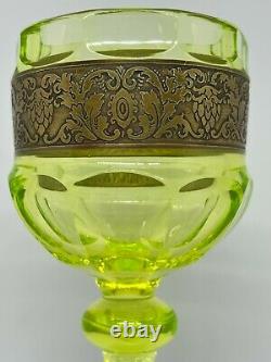 Vintage Moser Wine Goblet In Uranium Vaseline Karlsbad Glass-Gold Frieze Band