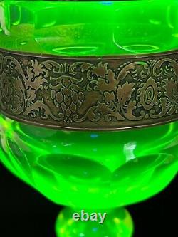 Vintage Moser Wine Goblet In Uranium Vaseline Karlsbad Glass-Gold Frieze Band