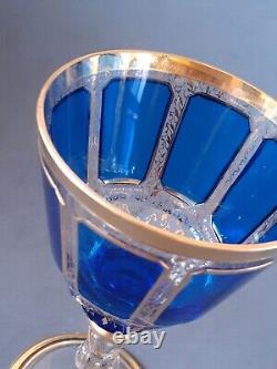 Vintage Moser glass cobalt blue clear gilded Handcrafted Panel Cut wine goblet