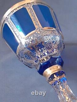 Vintage Moser glass cobalt blue clear gilded Handcrafted Panel Cut wine goblet
