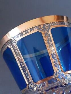 Vintage Moser glass cobalt blue clear gilded Handcrafted Panel Cut wine goblet