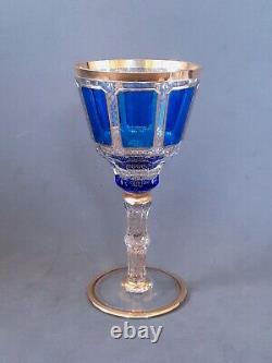 Vintage Moser glass cobalt blue clear gilded Handcrafted Panel Cut wine goblet