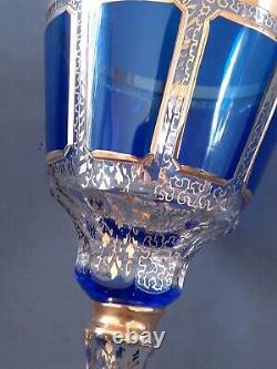 Vintage Moser glass cobalt blue clear gilded Handcrafted Panel Cut wine goblet