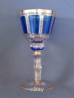 Vintage Moser glass cobalt blue clear gilded Handcrafted Panel Cut wine goblet