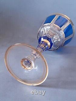 Vintage Moser glass cobalt blue clear gilded Handcrafted Panel Cut wine goblet