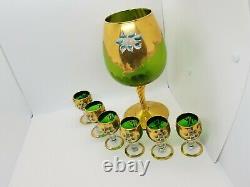 Vintage Murano Emerald Mini Glass Wine Goblets Enamel Flowers 24k Gold + Bonus