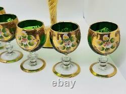 Vintage Murano Emerald Mini Glass Wine Goblets Enamel Flowers 24k Gold + Bonus