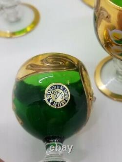 Vintage Murano Emerald Mini Glass Wine Goblets Enamel Flowers 24k Gold + Bonus