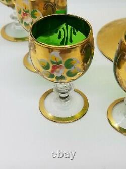 Vintage Murano Emerald Mini Glass Wine Goblets Enamel Flowers 24k Gold + Bonus