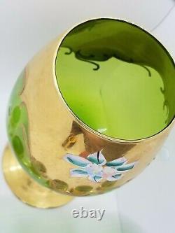 Vintage Murano Emerald Mini Glass Wine Goblets Enamel Flowers 24k Gold + Bonus