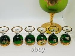 Vintage Murano Emerald Mini Glass Wine Goblets Enamel Flowers 24k Gold + Bonus