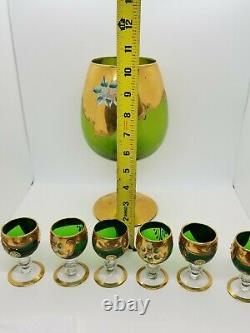 Vintage Murano Emerald Mini Glass Wine Goblets Enamel Flowers 24k Gold + Bonus