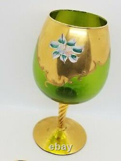 Vintage Murano Emerald Mini Glass Wine Goblets Enamel Flowers 24k Gold + Bonus