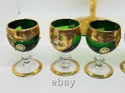 Vintage Murano Emerald Mini Glass Wine Goblets Enamel Flowers 24k Gold + Bonus