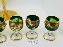 Vintage Murano Emerald Mini Glass Wine Goblets Enamel Flowers 24k Gold + Bonus