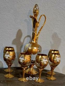Vintage Murano Tre Fuochi Beverage Set 24K Gold Trim Decanter 6 Wine Glasses