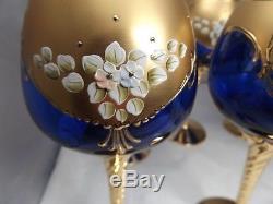 Vintage Murano Venetian Glass 24K Gilt Hand Painted Large Wine Goblets 6