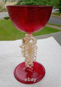 Vintage Murano Venetian Ruby Red Adventurine SEAHORSE Stem Wine Champagne Coup