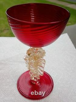Vintage Murano Venetian Ruby Red Adventurine SEAHORSE Stem Wine Champagne Coup