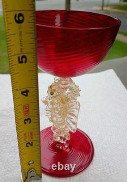 Vintage Murano Venetian Ruby Red Adventurine SEAHORSE Stem Wine Champagne Coup
