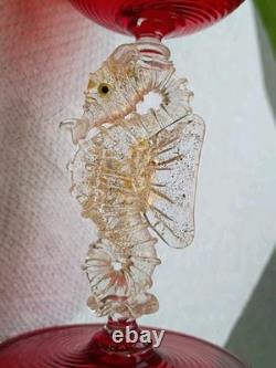 Vintage Murano Venetian Ruby Red Adventurine SEAHORSE Stem Wine Champagne Coup