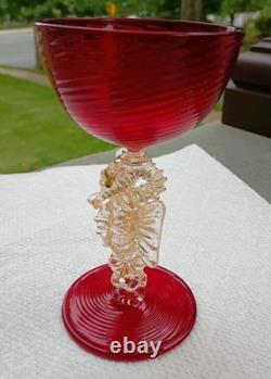 Vintage Murano Venetian Ruby Red Adventurine SEAHORSE Stem Wine Champagne Coup
