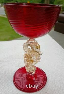 Vintage Murano Venetian Ruby Red Adventurine SEAHORSE Stem Wine Champagne Coup