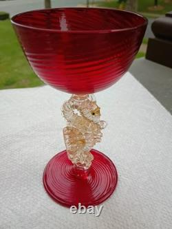 Vintage Murano Venetian Ruby Red Adventurine SEAHORSE Stem Wine Champagne Coup