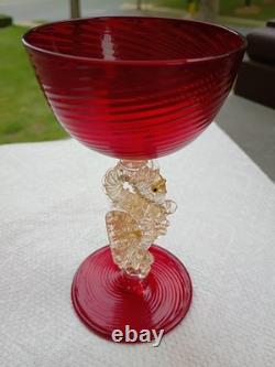 Vintage Murano Venetian Ruby Red Adventurine SEAHORSE Stem Wine Champagne Coup