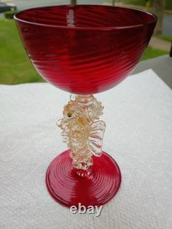 Vintage Murano Venetian Ruby Red Adventurine SEAHORSE Stem Wine Champagne Coup