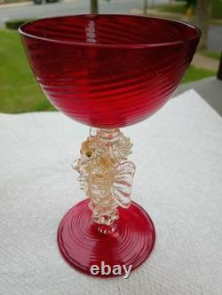 Vintage Murano Venetian Ruby Red Adventurine SEAHORSE Stem Wine Champagne Coup