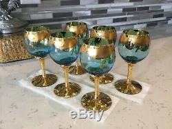 Vintage Murano Wine Glasses, Set Of 6, Hand Painted, Baby Blue