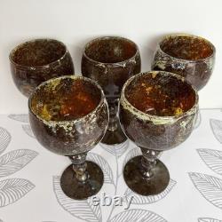 Vintage Neiman Marcus Moss Agate Hortensja Glassworks 5 Wine Glasses Poland
