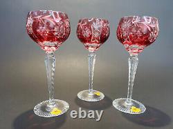 Vintage New German Crystal Cranberry Hand Cut-To-Clear 8.25 Hock Wine Glasses