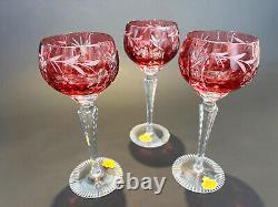 Vintage New German Crystal Cranberry Hand Cut-To-Clear 8.25 Hock Wine Glasses