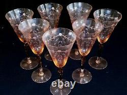 Vintage OPTIC Paneled ETCHED PINK WINE GLASSES Goblets Set of 7