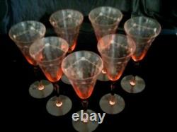 Vintage OPTIC Paneled ETCHED PINK WINE GLASSES Goblets Set of 7