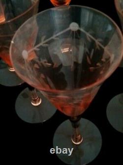 Vintage OPTIC Paneled ETCHED PINK WINE GLASSES Goblets Set of 7