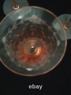 Vintage OPTIC Paneled ETCHED PINK WINE GLASSES Goblets Set of 7