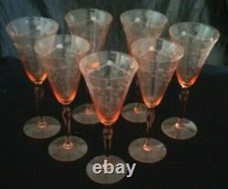 Vintage OPTIC Paneled ETCHED PINK WINE GLASSES Goblets Set of 7