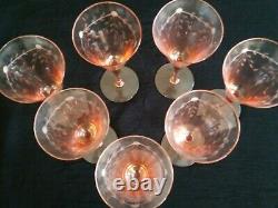 Vintage OPTIC Paneled ETCHED PINK WINE GLASSES Goblets Set of 7