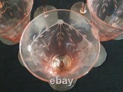 Vintage OPTIC Paneled ETCHED PINK WINE GLASSES Goblets Set of 7