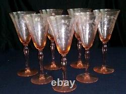 Vintage OPTIC Paneled ETCHED PINK WINE GLASSES Goblets Set of 7
