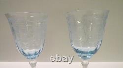 Vintage Pair Fostoria Navarre Blue Etched Crystal Wine Glasses 7 5/8 Tall