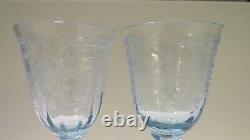 Vintage Pair Fostoria Navarre Blue Etched Crystal Wine Glasses 7 5/8 Tall