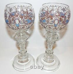 Vintage Pair Fritz Heckert Art Glass Face Blue Bird Enamel 7 1/4 Wine Glasses